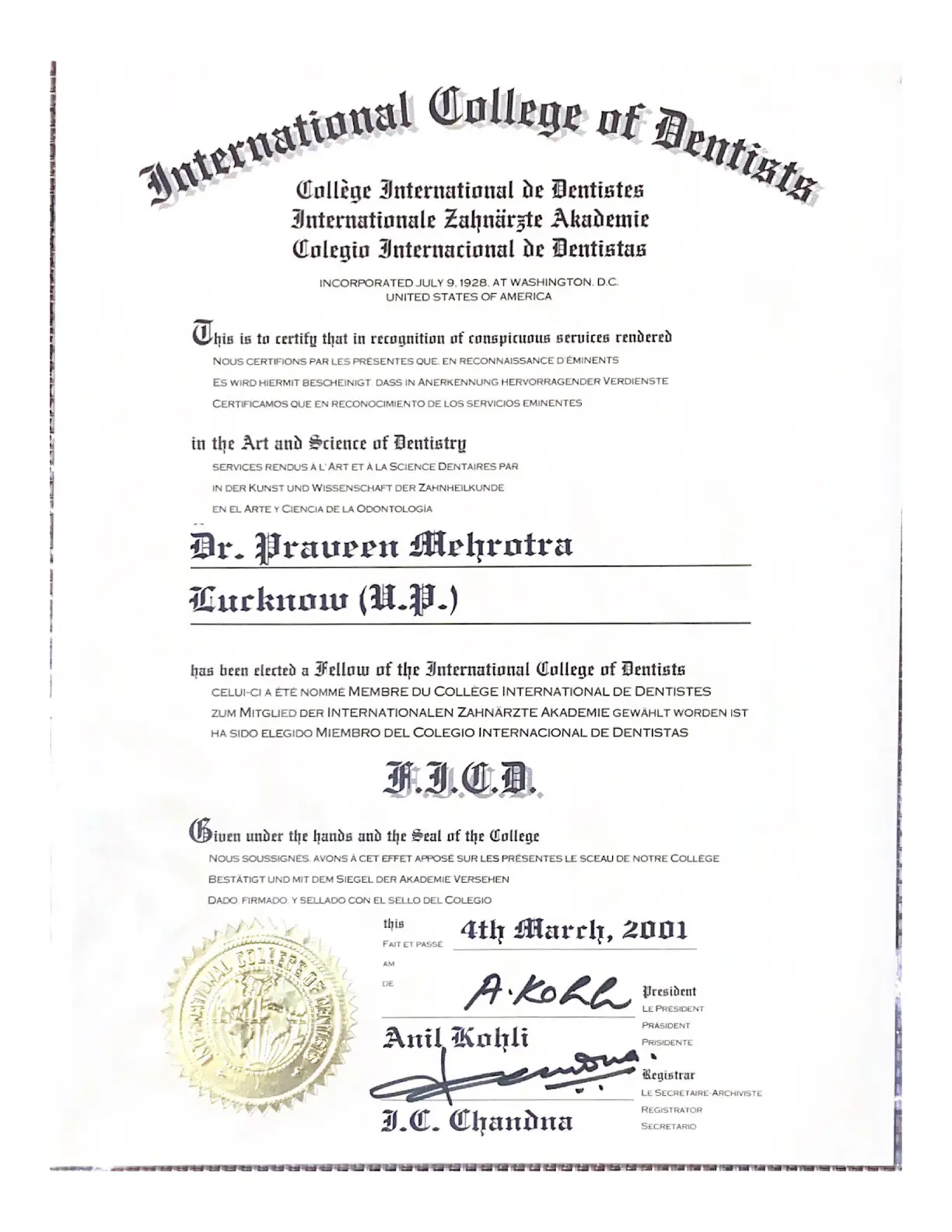 Fellow International College of Dentist FICD 2001 (1)